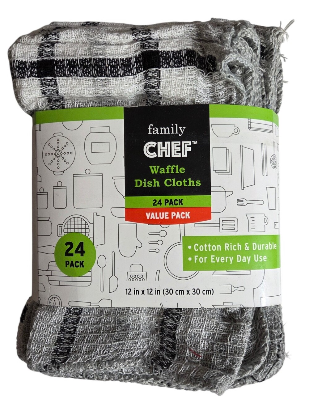 🔥4/$20 Family Chef Waffle Dish Cloths NEW 24 Pack -Black/White Plaid -12"x12"